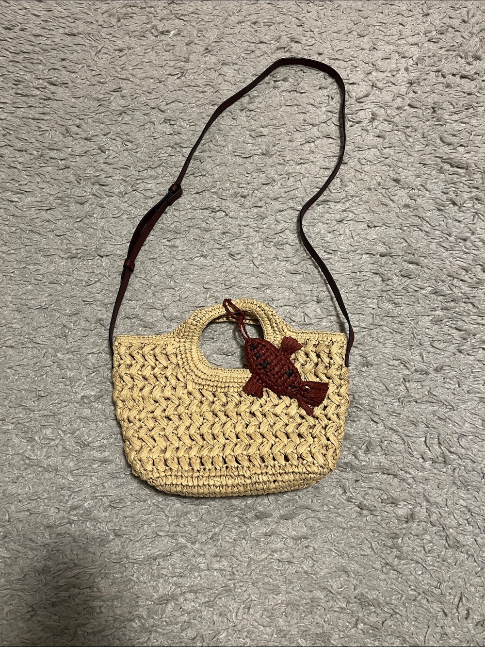 H&M Beige Woven Mini Crossbody with Brown Fish Charm